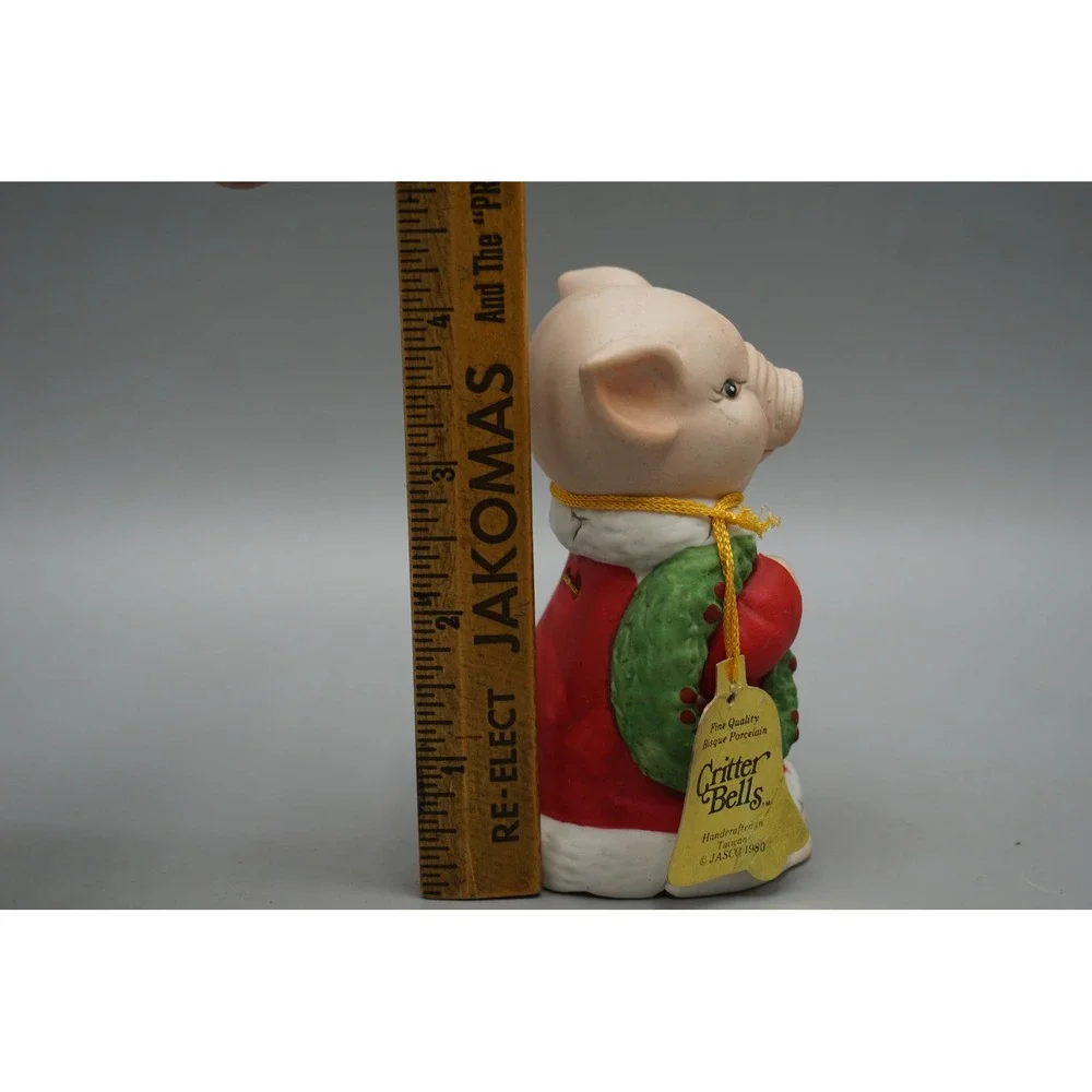 Vintage 1980 Jasco Critter Bells Porcelain‎ Pig Christmas Wreath Figurine Bell